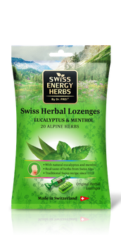 Леденцы от простуды, Herbal Lozenges Bag 20 herbs + Eucalyptus and Menthol, Swiss Energy, от кашля, боли в горле и заложенности носа, 20 альпийский трав, ментол и эвкалипт, 12 травяных леденцов (55 г)