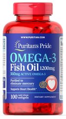 Омега 3 Puritan's Pride Omega-3 Fish Oil 1200 mg 360 mg Active Omega-3 100 капсул PUR1409