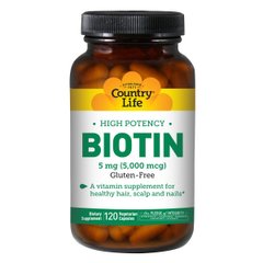Концентрированный Биотин (В7), 5 мг, High Potency Biotin, Country Life, 120 желатиновых капсул