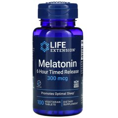 Мелатонін, Melatonin 6 Hour Timed Release, Life Extension, 300 мкг, 100 рослинних таблеток