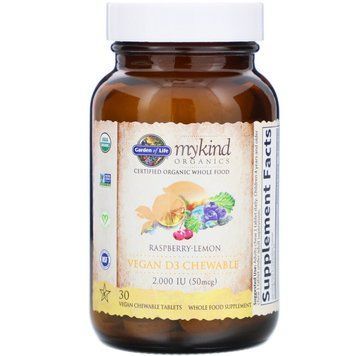 Вітамін D3, 2000 МЕ, малиново-лимонный вкус, MyKind Organics, Garden of Life, 30 жувальних веганских таблеток