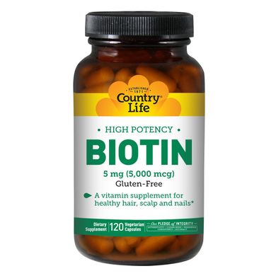 Концентрированный Биотин (В7) , 5 мг, High Potency Biotin, Country Life, 120 желатиновых капсул
