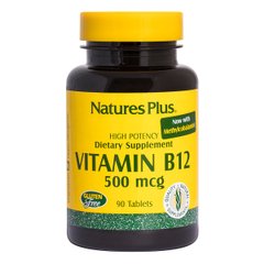 Вітамін B-12 (Метилкобаламін) , Nature's Plus, 500 мкг, 90 Таблеток