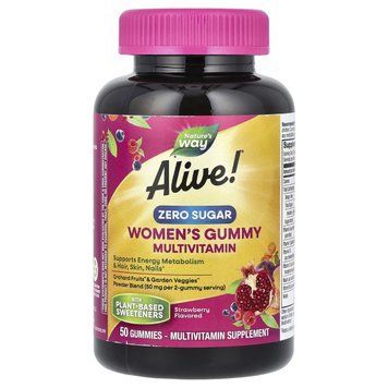 Мультивитамины для женщин, без сахара, вкус клубники, Alive! Women's Gummy Multivitamin, Nature's Way, 50 жевательных конфет