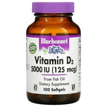 Витамин D3 5000IU (125 мкг), Vitamin D3, Bluebonnet Nutrition, 100 желатиновых капсул