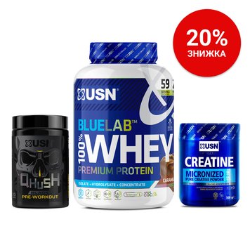 Набір Blue Lab 100% Whey Premium Protein 2 kg caramel popcorn + Micronized Creatine Monohydrate 500 g + Qhush Black Pre-workout 220 g frosted lemon