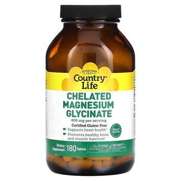 Магний Хелатный глицинат, 400 мг, Chelated Magnesium Glycinate, Country Life, 180 таблеток (133 мг в таблетке)