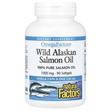 Жир дикого лосося аляски, 1000 мг, OmegaFactors, Wild Alaskan Salmon Oil, Natural Factors, 90 гелевих капсул