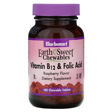 Витамин В12 и Фолиевая кислота, Вкус Малины, Earth Sweet Chewables, Bluebonnet Nutrition, 180 жевательных