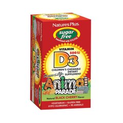 Витамин D3 для Детей без Сахара, Вкус Черной Вишни, Animal Parade, Natures Plus, 90 жевательных таблеток