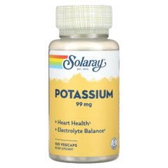 Калий, 99 мг, Potassium, Solaray, 100 вегетарианских капсул