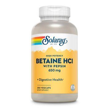 Бетаїн HCL і Пепсин Solaray High Potency Betaine HCl with Pepsin 650mg 250 вег. капсул
