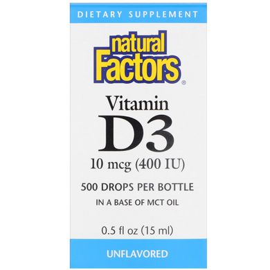 Витамин D3 в Каплях, Без Ароматизаторов, Vitamin D3 Drops, Natural Factors, 400 МЕ, 15 мл