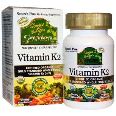 Органічний Вітамін K2 120мкг, Source of Life Garden, Natures Plus, 60 гелевих капсул