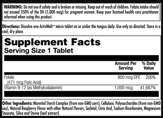 Фолиевая кислота KAL Folic Acid Methyl B-12 800 mcg 60 таблеток Raspberry