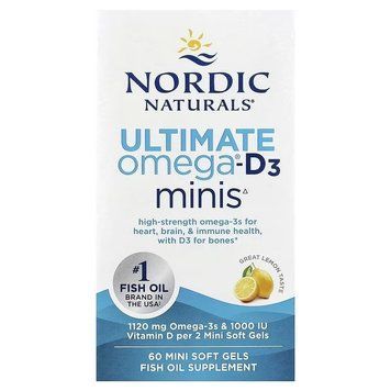 Омега-3 та вітамін D3, 1120 мг та 25 мкг (1000 МО), смак лимона, Ultimate Omega-D3 Minis, Nordic Naturals, 60 міні капсул