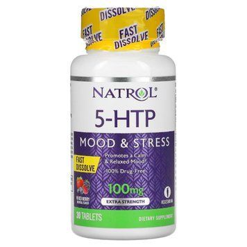 5-HTP (Гидрокситриптофан) быстрорастворимый, 100 мг, вкус диких ягод, 5-HTP, Natrol, 30 таблеток