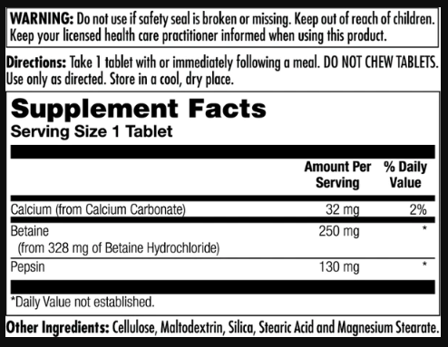Бетаин KAL Betaine HCl Plus 250mg 100 таблеток