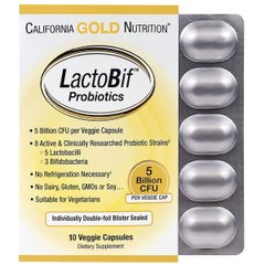 Пробіотики LactoBif, Probiotics, California Gold Nutrition, 5 млрд КУО, 10 овочевих капсул