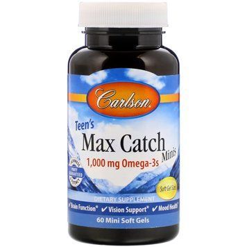 Риб'ячий жир для підлітків, Омега-3, 500 мг, Teen's Max Catch Minis, Carlson, 60 желатинових міні капсул