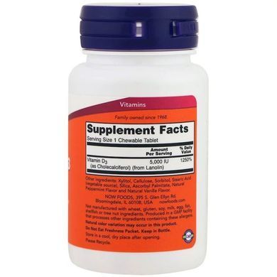 Витамин Д3 с Ментоловым Вкусом, Vitamin D-3, Now Foods, 5000 МЕ, 120 жевательных таблеток