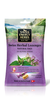 Леденцы от простуды, Herbal Lozenges Bag 20 herbs + Sage, Swiss Energy, от кашля, боли в горле и заложенности носа, 20 альпийский трав и шалфей, 12 травяных леденцов (55 г)