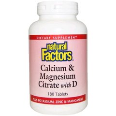 Цитрат Кальция Магния, Витамин D, Calcium & Magnesium Citrate, With D, Natural Factors, 180 Таблеток