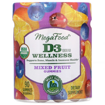 Вітамін D3, 1000 IU, Wellness, вкус фруктов, MegaFood, 90 желейных цукерок