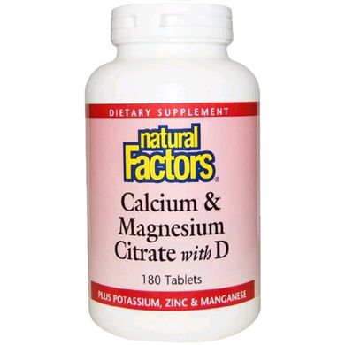 Цитрат Кальция Магния, Витамин D, Calcium & Magnesium Citrate, With D, Natural Factors, 180 Таблеток