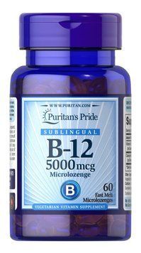 Вітамін B-12, Vitamin B-12, Puritan's Pride, сублінгвальний, 5000 мкг, 60 мікропастилок