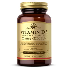 Витамин D3, Vitamin D3 , 55 mcg (2200 IU), Solgar, 100 вегетарианских капсул