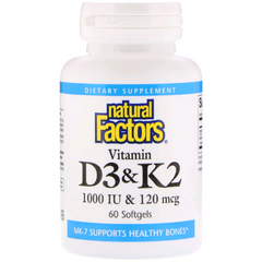 Витамин D3 и К2, Vitamin D3 & K2, Natural Factors, 60 Гелевых Капсул