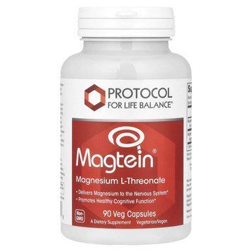 Магній L-треонат, Magtein&reg;, Magnesium L-Threonate, Protocol for Life Balance, нервова та когнітивна підтримка, 90 веганських капсул