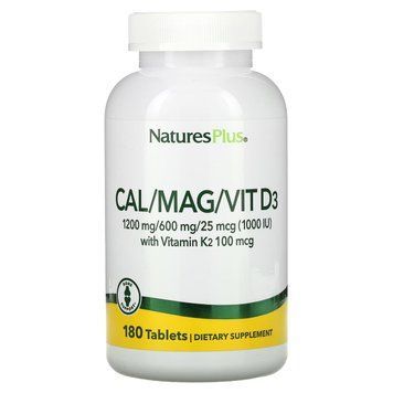 Кальцій, магній і вітамін D3 і K2, Cal / Mag / Vit D3, Vitamin K2, Nature's Plus, 180 таблеток