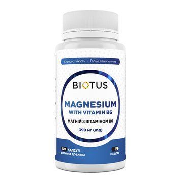 Магний с витамином В6, Magnesium with Vitamin B6, Biotus, 399 мг, 100 капсул
