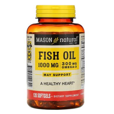 Рыбий жир 1000 мг с Омега-3 300 мг, Omega-3 Fish Oil, Mason Natural, 120 гелевых капсул