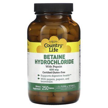 Бетаина гидрохлорид, Betaine Hydrochloride, Country Life, 600 мг, 250 таблеток