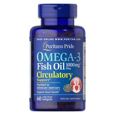 Омега 3 Puritan's Pride Omega-3 Fish Oil Plus Circulatory Support 60 капс риб'ячий жир