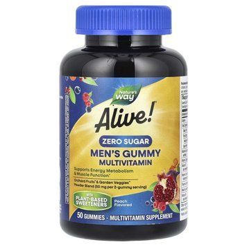 Мультивітаміни для чоловіків, без цукру, смак персика, Alive! Men's Gummy Multivitamin, Nature's Way, 50 Alive! Men's Gummy Multivitamin, Nature's Way, 50 жувальних цукерок