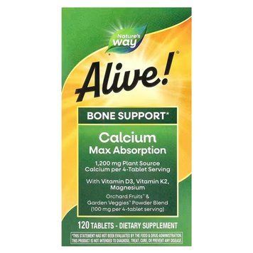 Кальцій, D3, К2 та магній, Alive! Calcium, Max Absorption, Nature's Way, Alive!, зміцнення кісток, максимальне засвоєння, 120 вегетаріанських пігулок