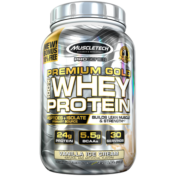 Сироватковий протеїн ізолят MuscleTech 100% Premium Gold Whey Protein 907 г vanilla ice cream