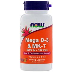NOW, Витамины D-3 & MK-7, 5000 МЕ / 180 мкг, 60 капсул