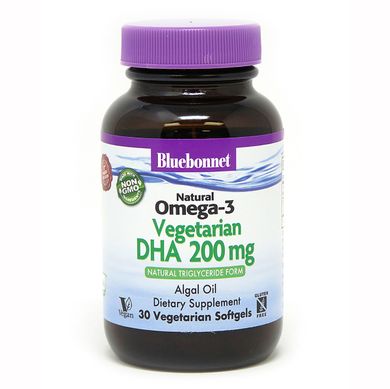 Вегетарианская Омега-3 из Водорослей, DHA 200 mg, Bluebonnet Nutrition, 30 растительных капсул