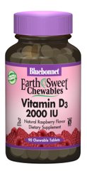 Вітамін D3 2000IU, Смак Малини, Earth Sweet Chewables, Bluebonnet Nutrition, 90 жувальних таблеток