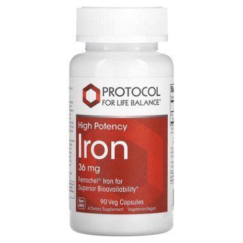 Железо, Iron, Protocol for Life Balance, высокая эффективность, 36 мг, 90 веганских капсул