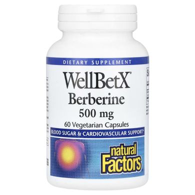 Берберин, 500 мг, WellBetX, Berberine, Natural Factors, 60 вегетаріанських капсул