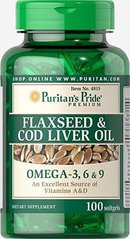 Омега 3-6-9 Puritan's Pride Flaxseed & Cod Liver Oil 1000 mg Omega 3 6 & 9 100 капс пурістанс прайд