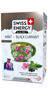 Чай от простуды, Herbal tea MINT - BLACK CURRANT, Swiss Energy, от кашля, боли в горле и заложенности носа, альпийские травы, мята и черная смородина, 8 пакетиков