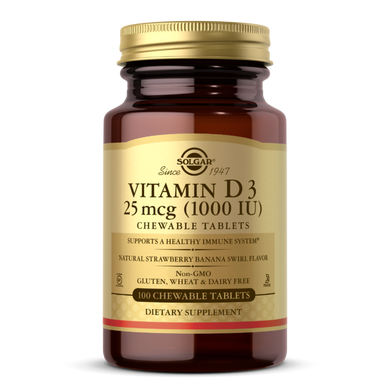 Витамин D3, Холекальциферол, Vitamin D3, Cholecalciferol, 25 мкг, 1000 МЕ, Solgar, 100 жевательных таблеток (клубнично-банановый вкус)