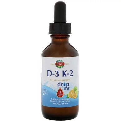 Витамин D3+K2, Vitamin D-3 K-2 Drop, KAL, цитрусовый вкус, 59 мл.